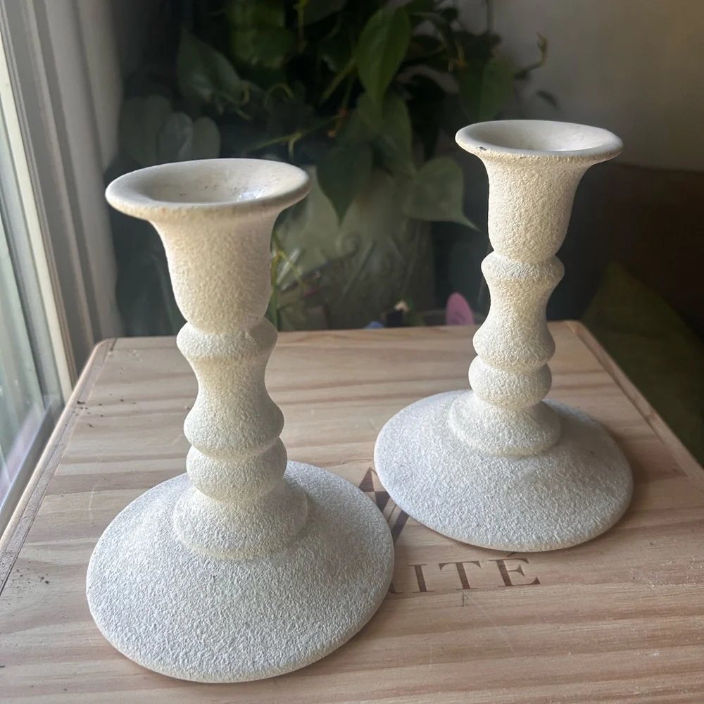 Vintage Haeger 1985 Textured Ivory Ceramic Candlestick Holders Pair